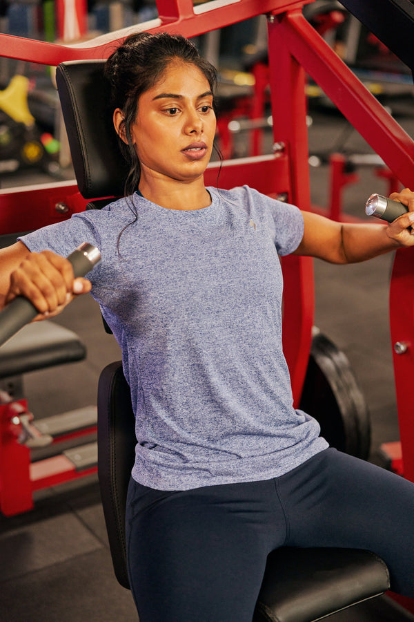 Women's Workout T-Shirt, Round Neck, Short Sleeve, Blue Melange