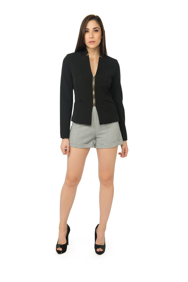 Notched Collar Zip Up Blazer in Black