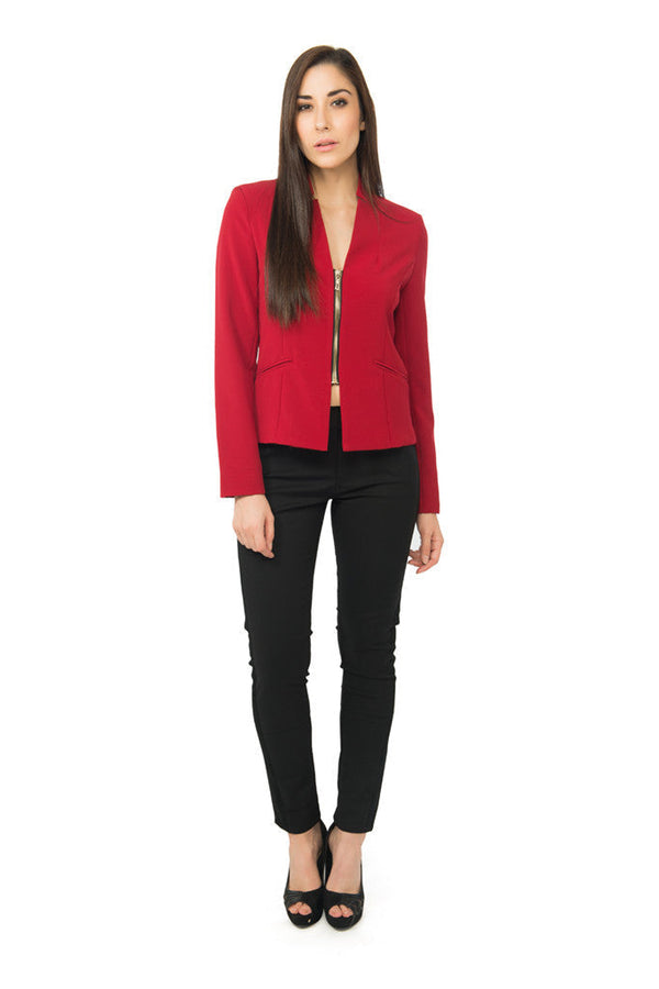 Notched Collar Zip Up Blazer in Red