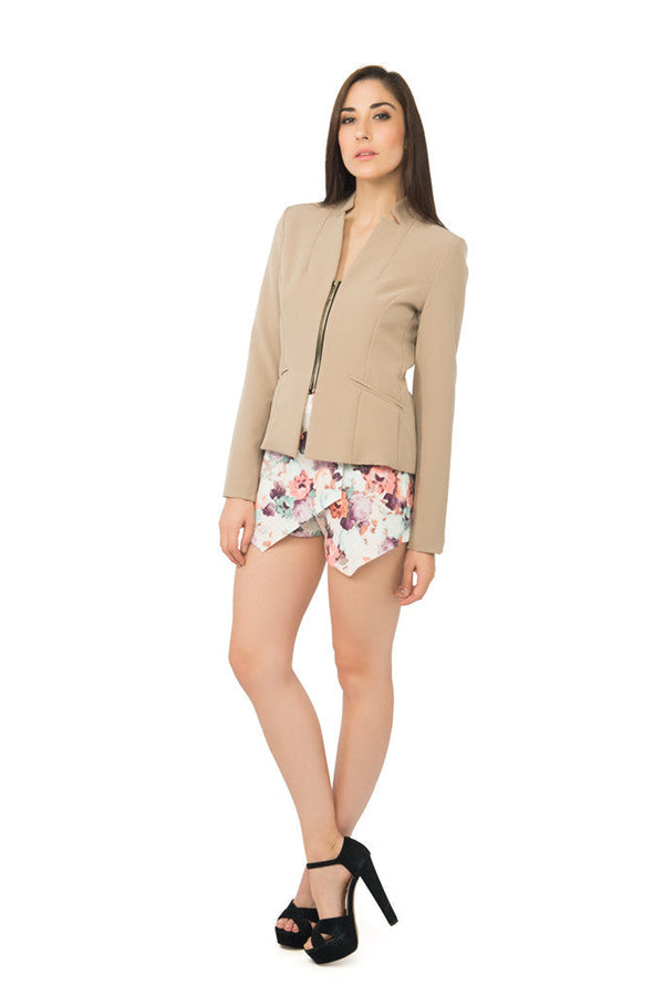 Notched Collar Zip Up Blazer in Taupe