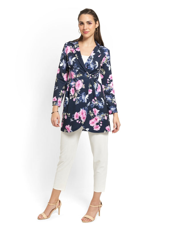 Floral Print Longline Blazer in Navy