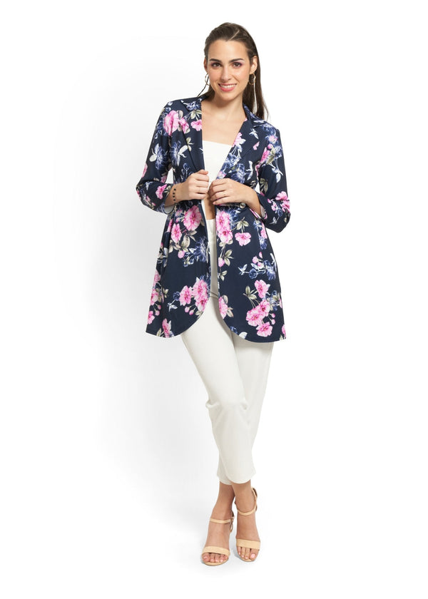 Floral Print Longline Blazer in Navy