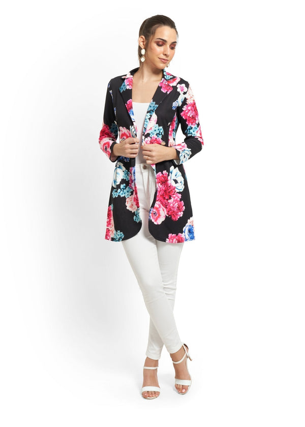 Floral Print Longline Blazer in Black