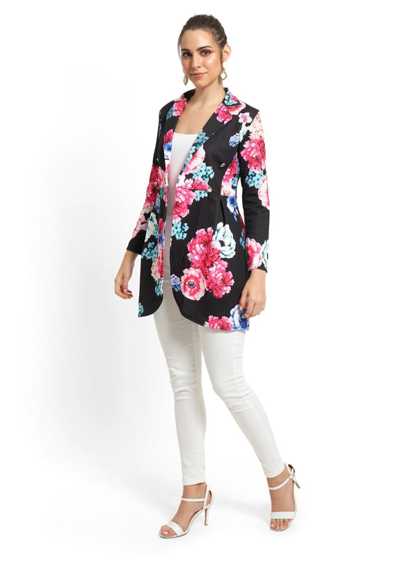 Floral Print Longline Blazer in Black